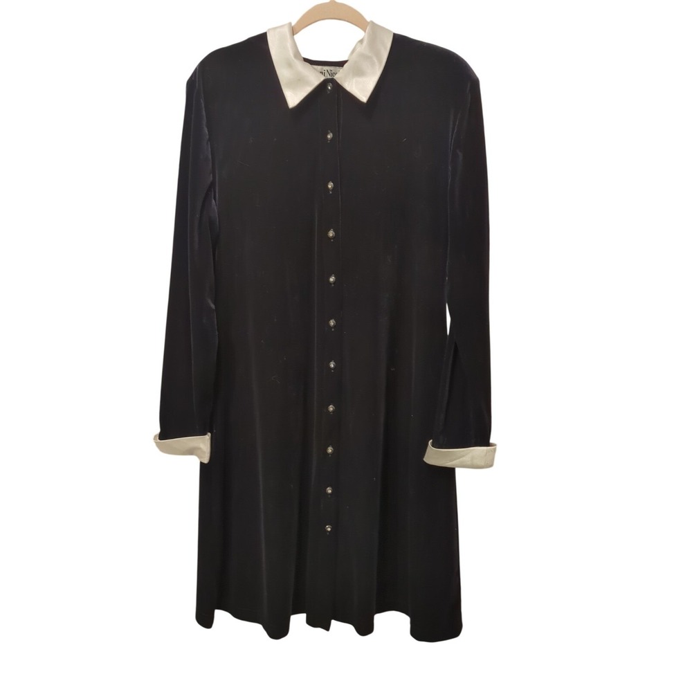 Vtg 90s Ronni Nicole Black Velvet Dress White Peter Pan Collar Cuffs Goth 16
